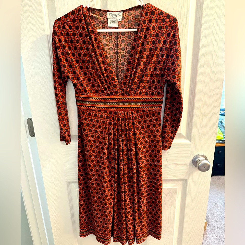 Vintage Maggy L Dress 3/4 Sleeves size 4 Brown Geometric Pattern